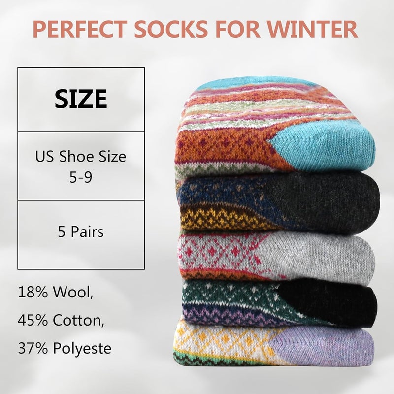 Lisacool 5 Pairs Womens Wool Socks - Winter Warm Socks - Thick Thermal Knit Vintage Cozy Crew Soft Gifts for Women - Image 2